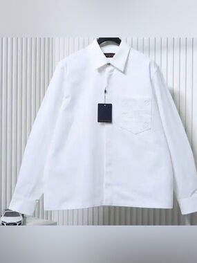 Louis Vuitton Men's White 26ss Pocket Monogram Embroidered long sleeve Shirt
